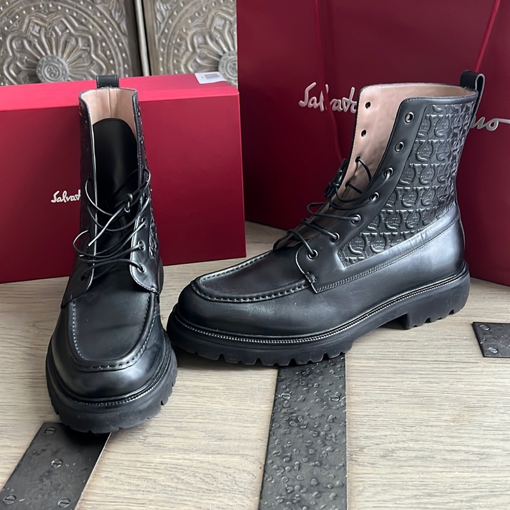 Salvatore Ferragamo Men’s Gancini Embossed Combat Boots size 13